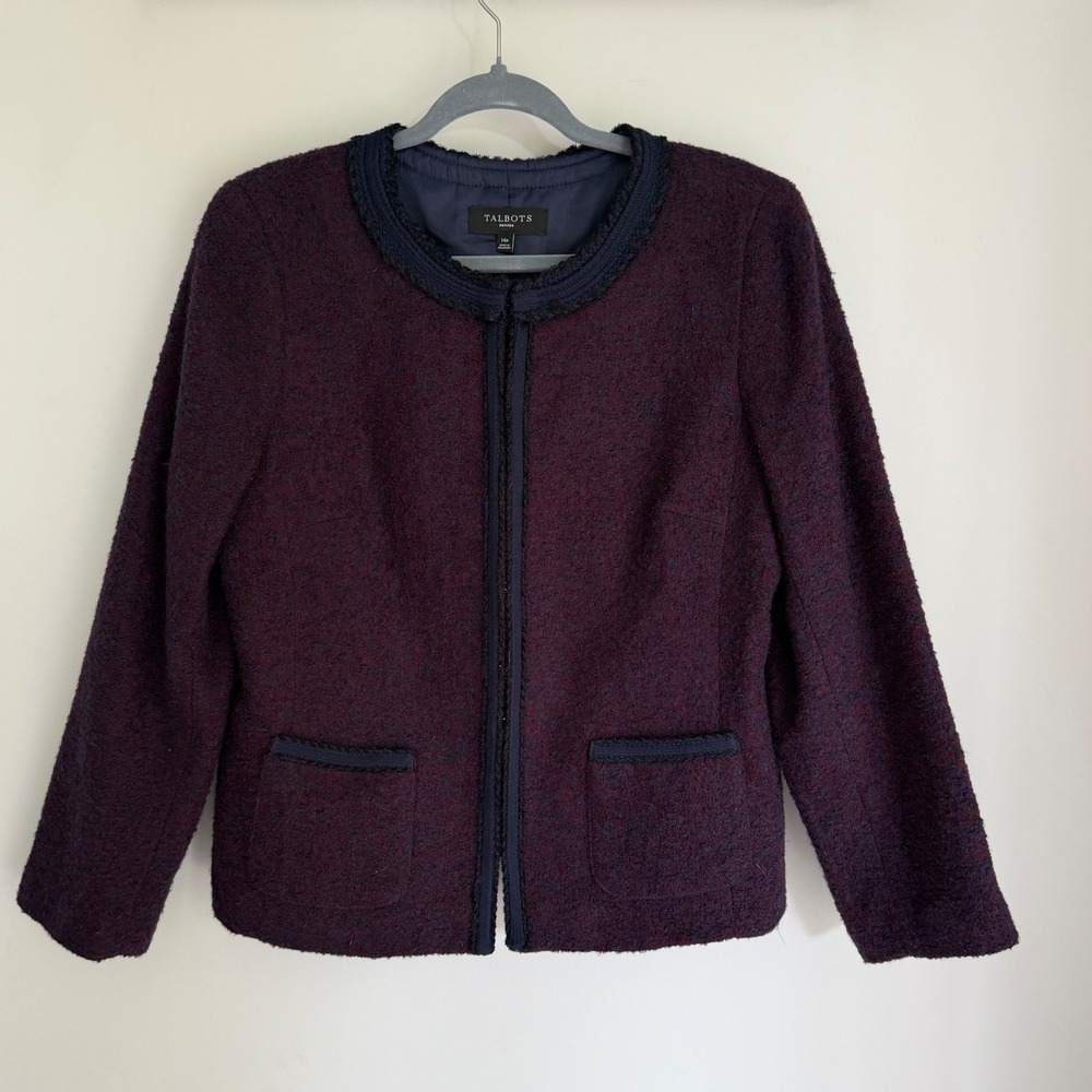 Talbots Blazer Jacket Wool Blend Purple Blue Trim Collarless Pockets 14P Petite